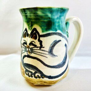 Art Pottery Cat Mug With 3D Mouse Figure Inside Vintage Kitty Coffee Cup Signed